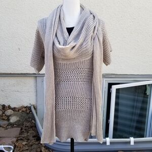 Nicholas K beige and gold linen open knit tunic sweater with scarf small
